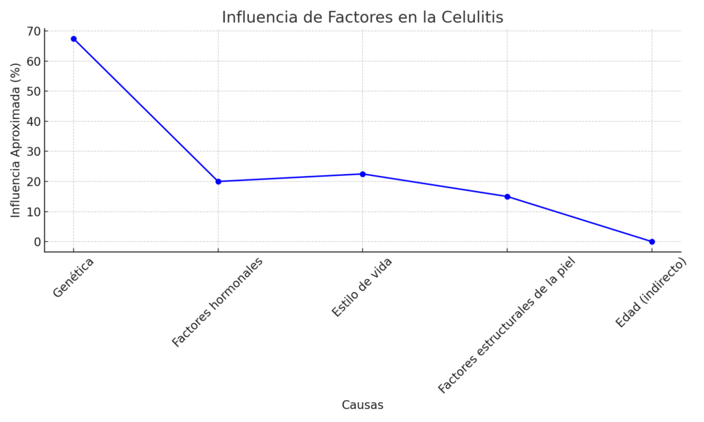 Gráfica de líneas que muestra la influencia aproximada de los factores que contribuyen a la celulitis, incluyendo genética, factores hormonales, estilo de vida, factores estructurales de la piel y edad.